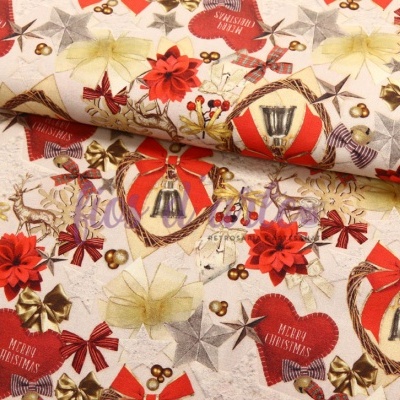 Tecido natalício com estampado de corações, sinos e estrelas em tons vermelhos e dourados.