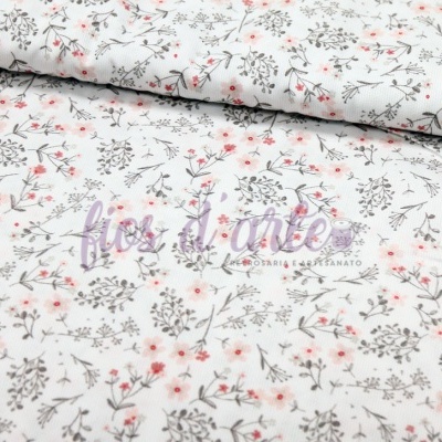 Tecido branco com padrão floral cinza e rosa
