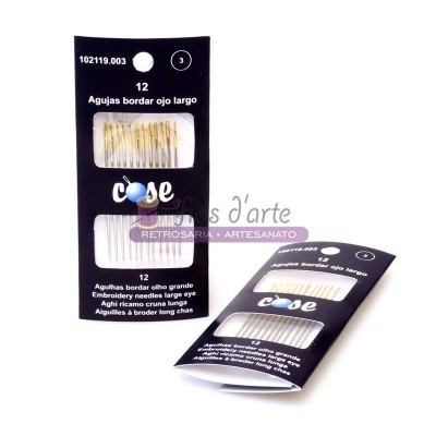 Embalagens pretas de agulhas para bordar com texto em português e inglês