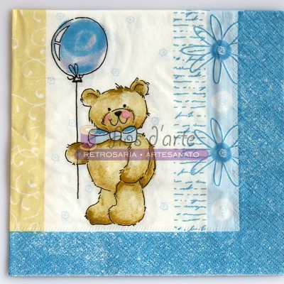 Guardanapo de papel com desenho de ursinho e balão azul