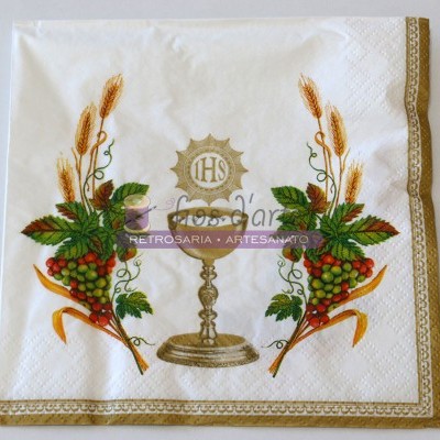 Guardanapo branco com borda dourada e estampas religiosas coloridas