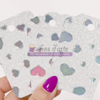 Cartões brilhantes prateados para joias com corações holográficos e texto Fios d'arte RETROSARIA • ARTESANATO