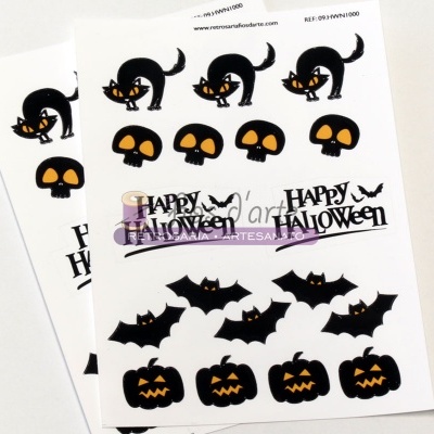 Folhas com autocolantes de Halloween com gatos pretos, caveiras, morcegos e abóboras