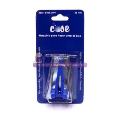 Máquina azul e metálica para fazer cinta al bies embalada em cartão azul