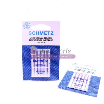 Pacote de agulhas de costura Schmetz Universal em embalagem azul e rosa