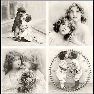 quatro fotos vintage em sépia com crianças em poses diferentes