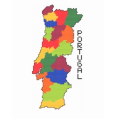 Mapa pixelado colorido de Portugal com palavra PORTUGAL