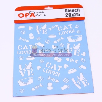 Stencil azul para pintura com desenhos e texto de gatos em embalagem vermelha e branca