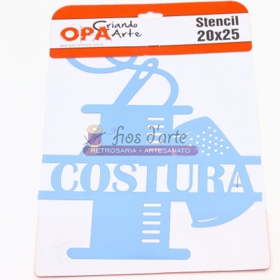 Stencil branco e azul com texto COSTURA e etiquetas no topo.