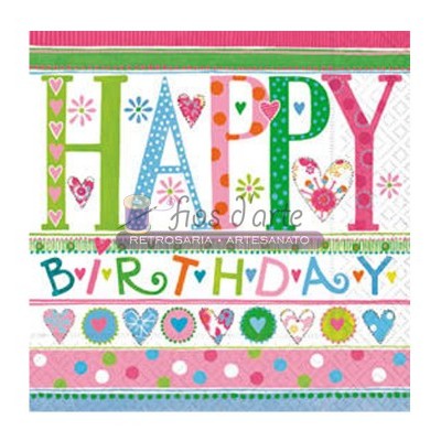 Guardanapo decorativo colorido com texto HAPPY BIRTHDAY e vários padrões coloridos