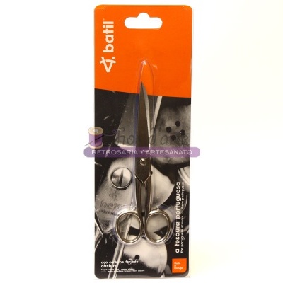 Tesoura de costura em aço inoxidável em embalagem laranja e preto com texto Bafil