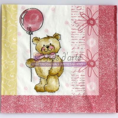 Toalha infantil com desenho de urso a segurar balão e bordas coloridas