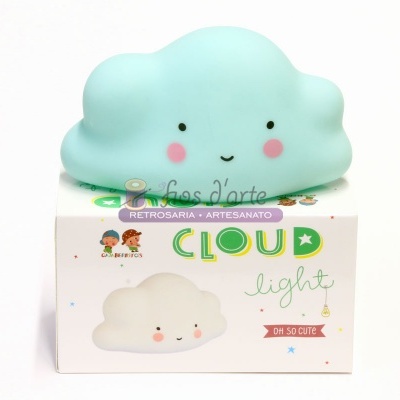 Luz decorativa azul em forma de nuvem com embalagem branca com texto colorido
