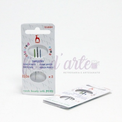 Embalagem branca com agulhas de tapeçaria coloridas da marca PONY
