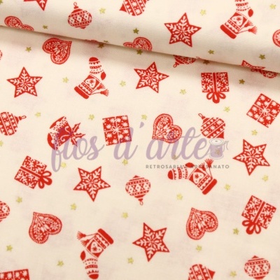 Tecido branco com padrão natalício vermelho e dourado