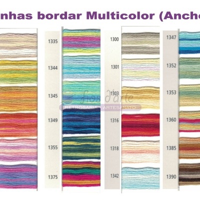 Linhas para bordar multicolor da marca Anchor em cartelas com vários códigos de cores.