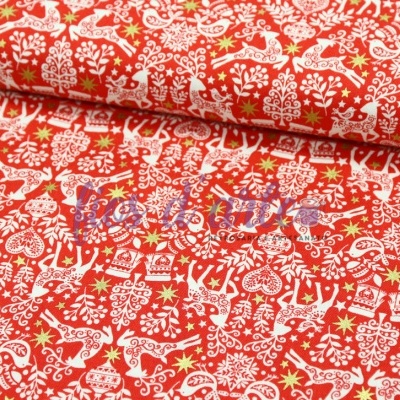 Tecido vermelho com padrão de Natal branco e dourado com renas, árvores, sinos e estrelas