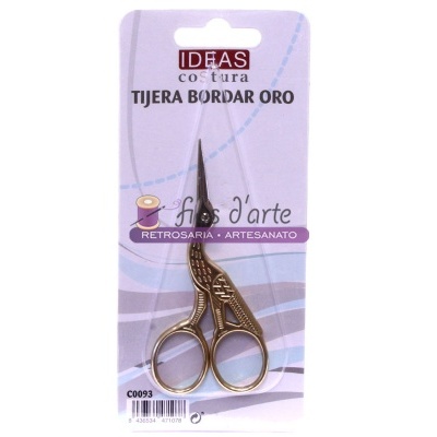 Tesoura bordar dourada em embalagem lilás e azul claro