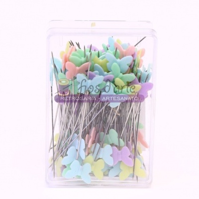 Caixa de alfinetes com cabeças coloridas em forma de borboleta