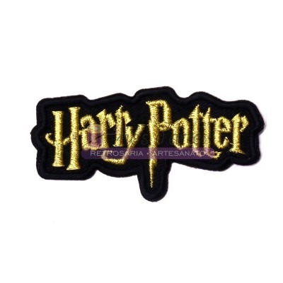 Emblema bordado 'Harry Potter' amarelo em tecido preto