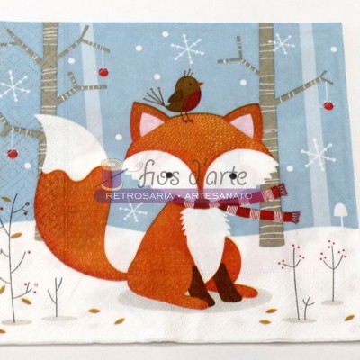 Guardanapo decorativo com raposa em cenário de inverno