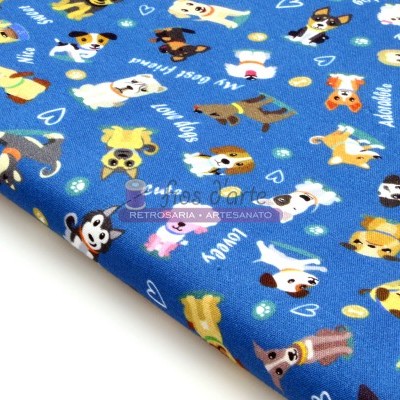 Tecido azul com padrão de cães em estilo cartoon