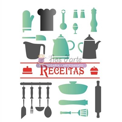 Ícones coloridos de utensílios de cozinha e texto 'RECEITAS'