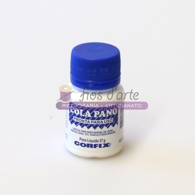 Frasco pequeno de cola branca Corfix com tampa azul e rótulo branco e azul