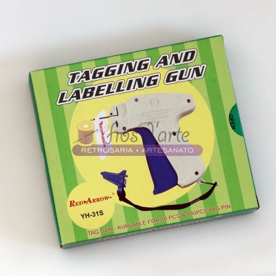 Caixa de pistola de etiquetar com imagem e texto promocional