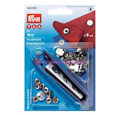 Cartela de botões de pressão Prym Mini com ferramenta de aplicação