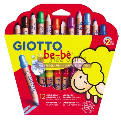 Estojo de 12 lápis de cera coloridos Giotto be-bè com embalagem vermelha e amarela e desenho de ovelha