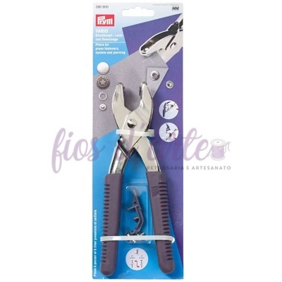 Alicate em metal com punhos roxos para ilhóses em embalagem azul