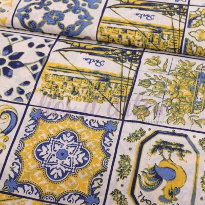 Tecido padrão azulejos portugueses azul e amarelo