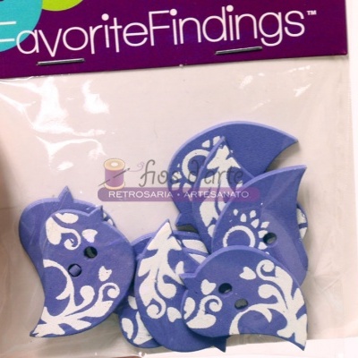 Pacote de botões em forma de pássaros azuis com padrão branco na embalagem FavoriteFindings
