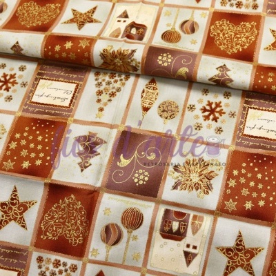 Tecido com padrão quadriculado natalício em castanho, dourado e bege com desenhos de estrelas, sinos e bolas.