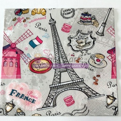 Guardanapo decorativo com motivos franceses e tons rosa e castanhos