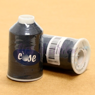 Dois carretéis de linha azul escuro em fundo bege claro