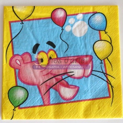 Guardanapo de papel amarelo com desenho da Pantera Cor-de-Rosa e balões coloridos