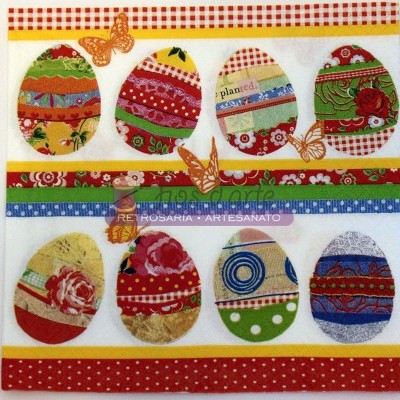 Estendal decorativo com oito ovos coloridos de tecido e faixas coloridas