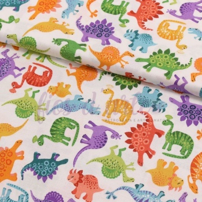 Tecido branco com padrão colorido de dinossauros