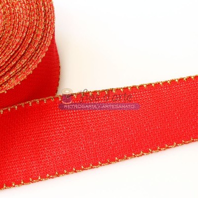Fita vermelha decorativa com bordas douradas em rolo