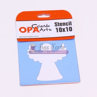 Stencil azul 10x10 com desenho de anjo em embalagem com topo vermelho e branco
