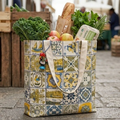 Saco de compra com padrão de azulejos portugueses cheio de alimentos frescos numa rua de pedra.