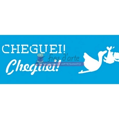 Cartão azul com texto branco e silhuetas de cegonha e bebé