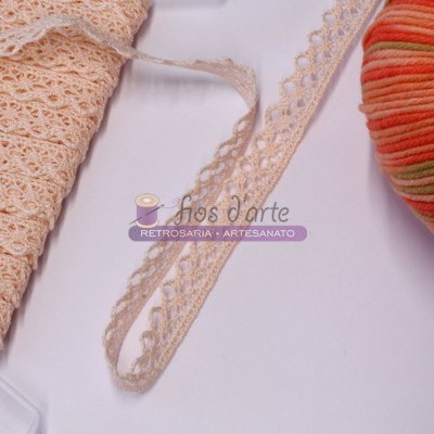 Fio de renda bege e bola de lã colorida sobre fundo branco