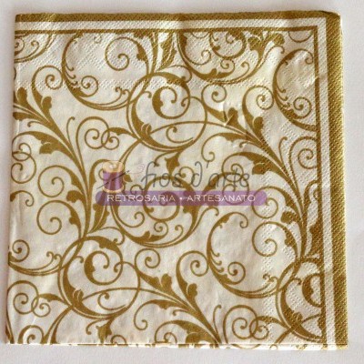 Guardanapo de papel branco com padrão dourado e texto ROSE ARTESANATO