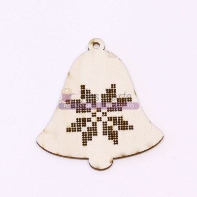 Pingente de madeira em forma de sino com padrão de estrela em preto