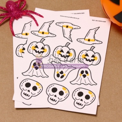 Cartões com autocolantes de Halloween com aranha rosa e lanterna laranja