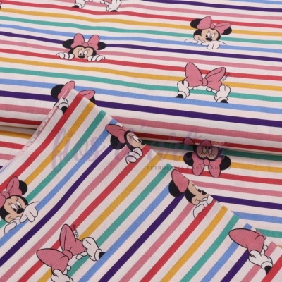 Tecido com riscas coloridas e personagens da Minnie Mouse.