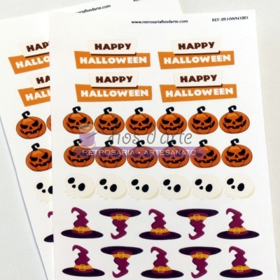Autocolantes de Halloween com abóboras, fantasmas e chapéus de bruxa